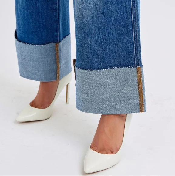 Judy Blue High-Rise Torn Boyfriend Jeans Ultra Wide Leg Cuff Raw Hem Denim Pants - Picture 9 of 16